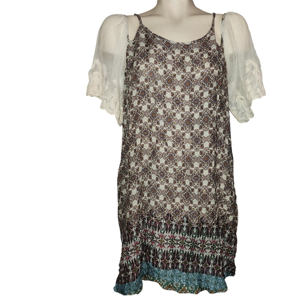 Umgee USA NEW Boho Medallion Print Cold Shoulder Lace Sleeve Mini Dress M beachy